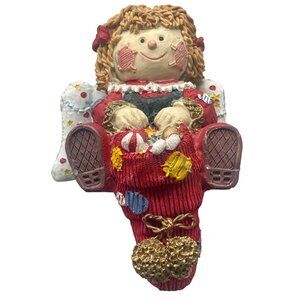Christmas Ángel Raggedy Ann Stocking Hanger red green patch stars wings READ